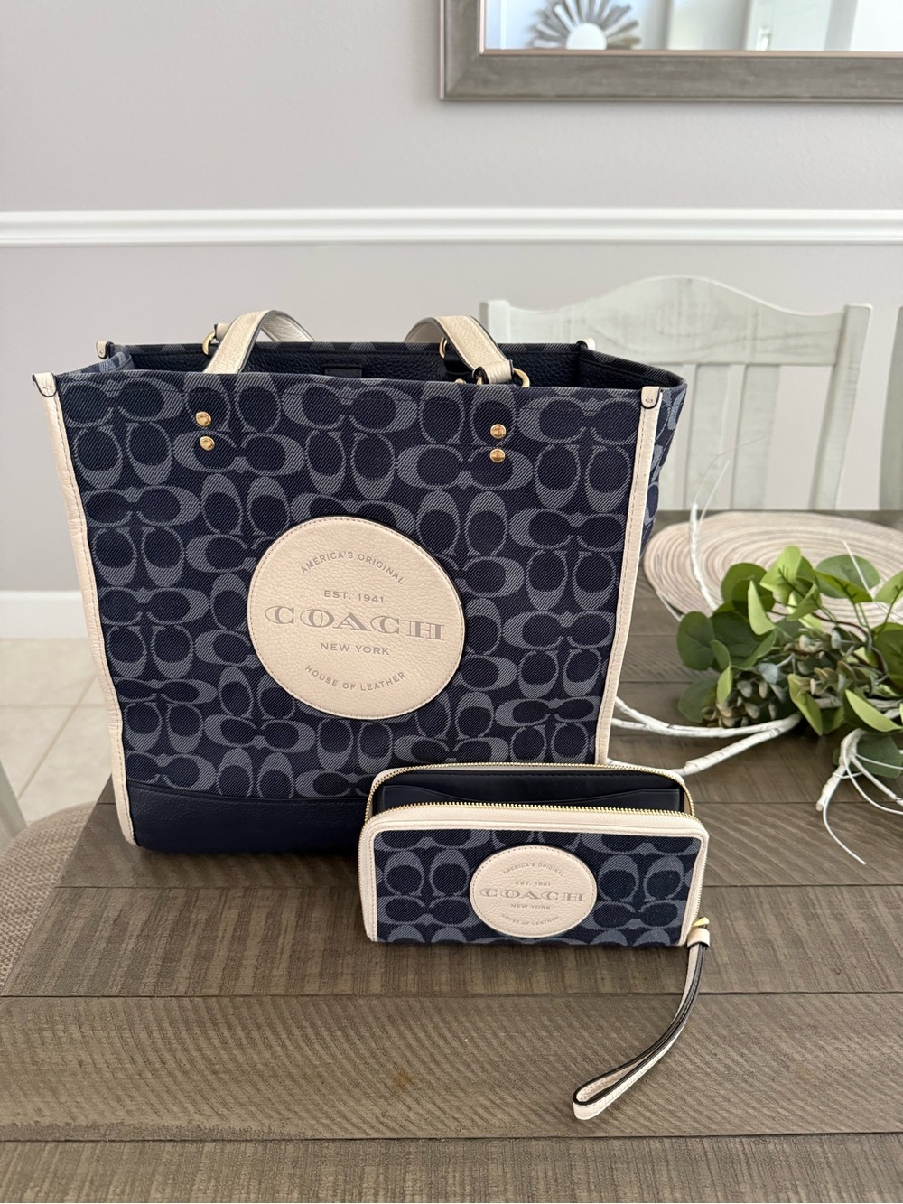 Coach Navy Canvas Tote and Wristlet with Cream Trim